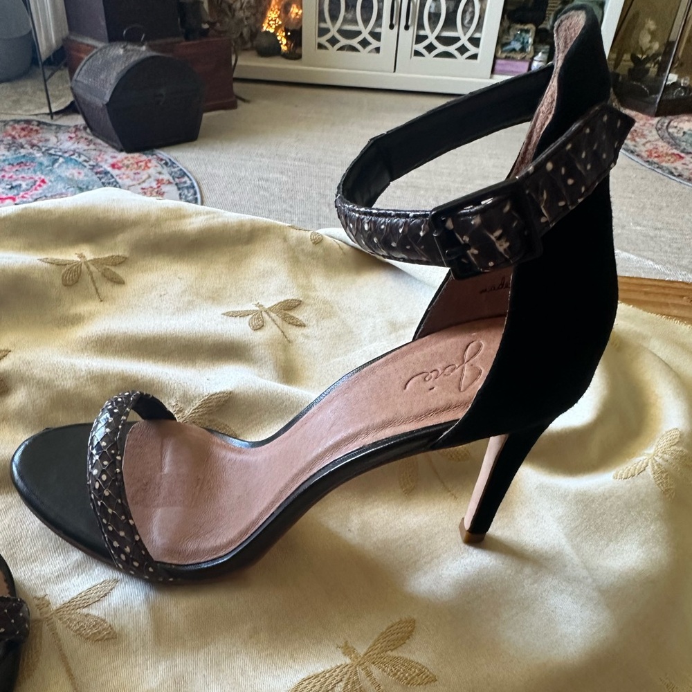 Joie Black w/ White Dots Ankle Strap Leather High Heel Shoes. - Picture 6 of 12